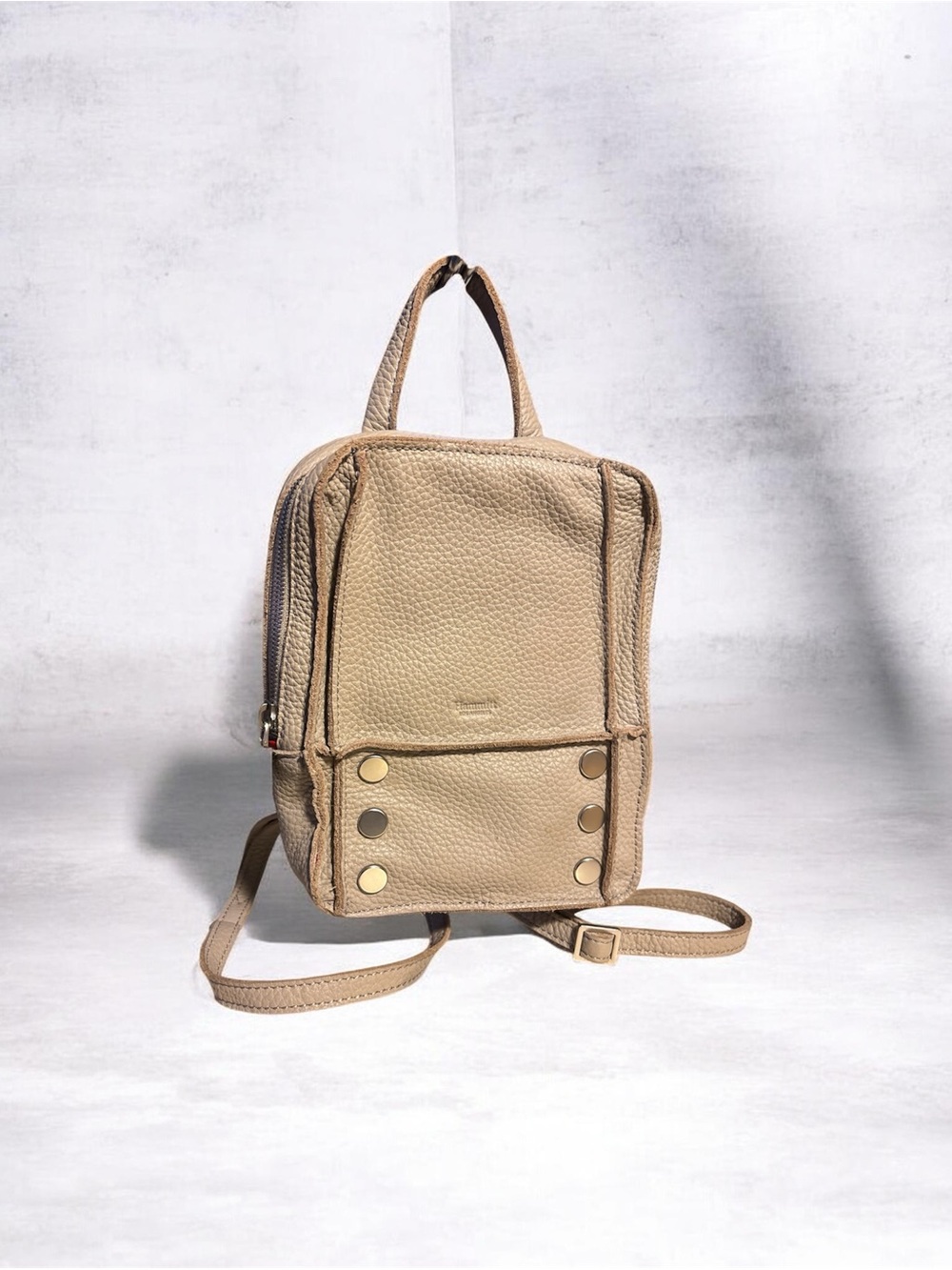 Hammitt Taupe Hunter Mini Backpack with Silver hardware.